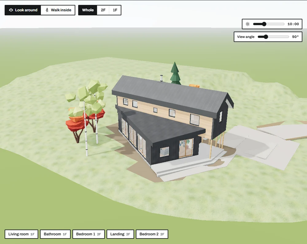 Client portal: 3D house, room buttons, shared drawings and the latest message from the office